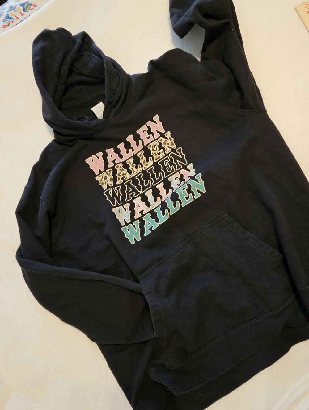 Morgan Wallen Repeat Logo Hoodie Black Graphic Sweatshirt Music Size XL EUC